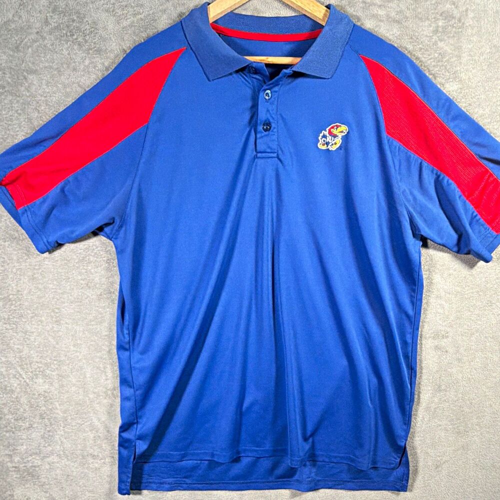 Kansas Jayhawks NCAA Mens Polo Shirt Blue/Red Red Panels Embroidered Logo 2xl